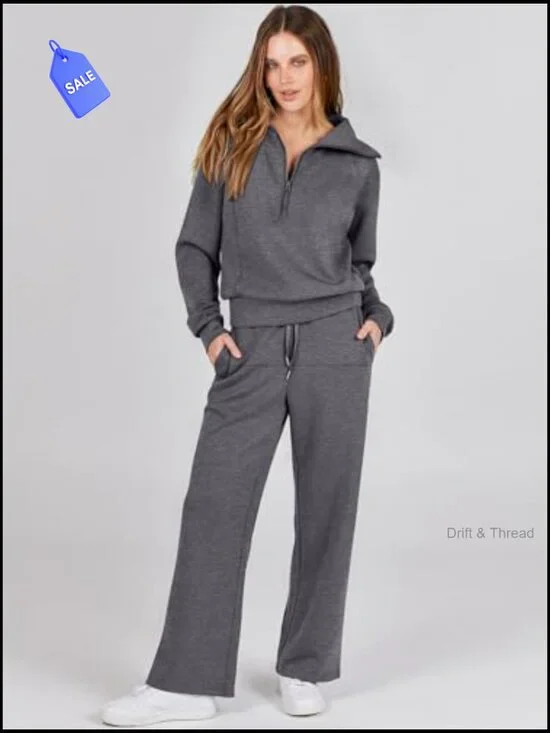 Loose Fit Sweatsuit Set with Wide Leg Pants for Lounge Travel Active Wear - Picture 2 of 7